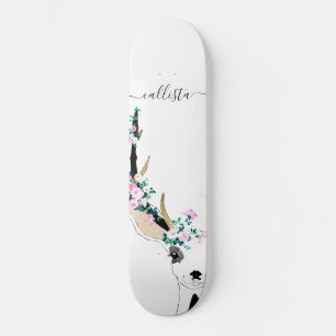 Cute Artsy Pink Floral Deer Animal Illustration Persoonlijk Skateboard