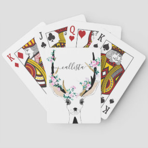 Cute Artsy Pink Floral Deer Animal Illustration Pokerkaarten