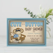 Cute as a Button Blue Baby shower Invitation Kaart (Staand voorkant)