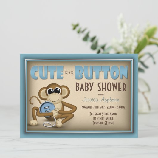 Cute as a Button Blue Baby shower Invitation Kaart (Staand voorkant)