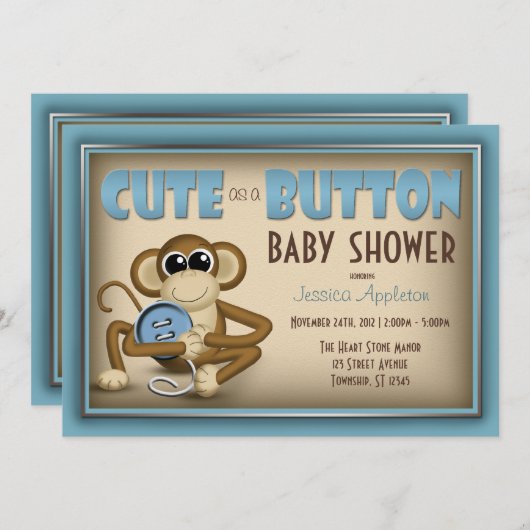 Cute as a Button Blue Baby shower Invitation Kaart (Voorkant / Achterkant)