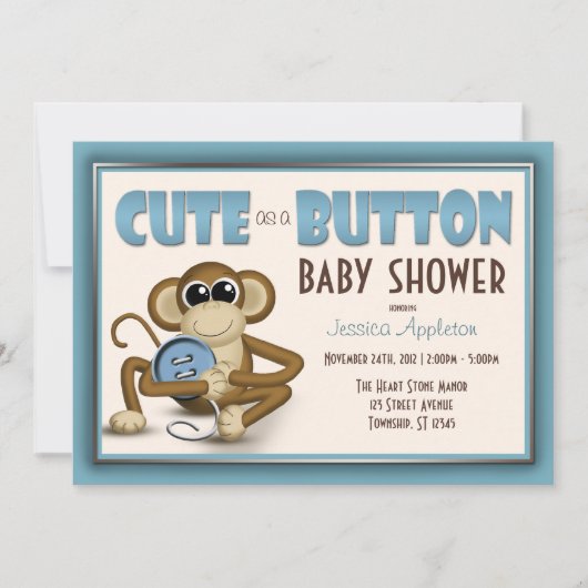 Cute as a Button Blue Baby shower Invitation Kaart (Voorkant)