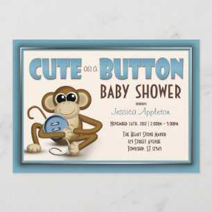 Cute as a Button Blue Baby shower Invitation Kaart