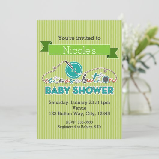 CUTE AS A BUTTON Green Baby Shower Invitations Kaart (Staand voorkant)