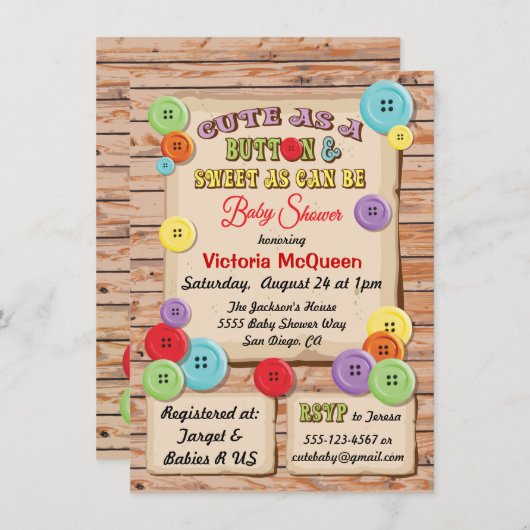 Cute as Button Baby shower Invitation Kaart (Voorkant / Achterkant)