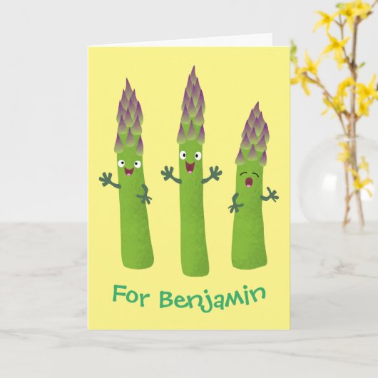 Cute asparaging vegetable trio cartoon kaart (Gele Bloem)