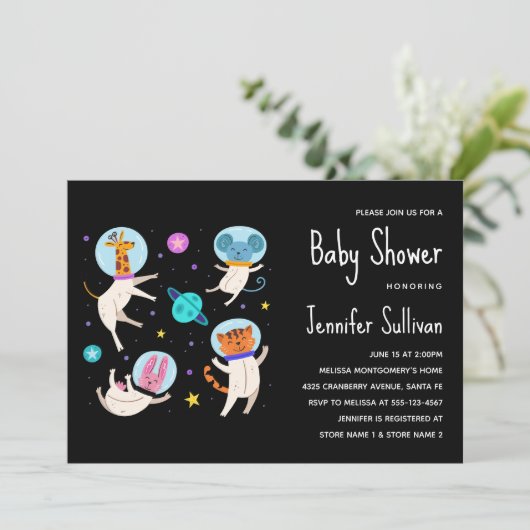 Cute Astronaut Animals in Space Baby shower Kaart (Staand voorkant)