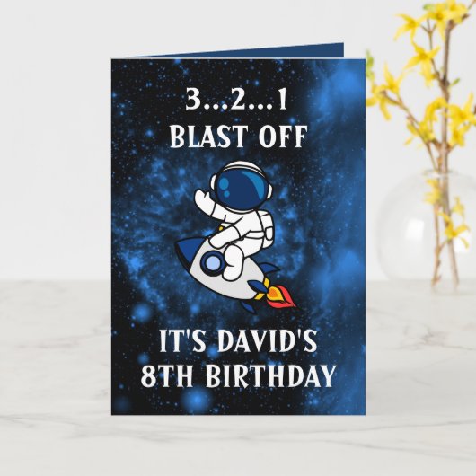 Cute Astronaut Blue Black Galaxy 8th Birthday Kaart (Gele Bloem)