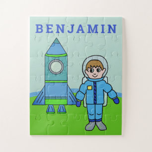 Cute Astronaut Boy and Rocket met naam Legpuzzel