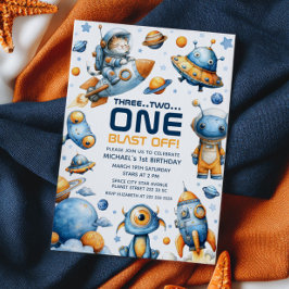 Cute Astronaut Cat Blast Off Space 1st Birthday Kaart