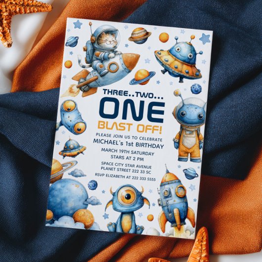 Cute Astronaut Cat Blast Off Space 1st Birthday Kaart