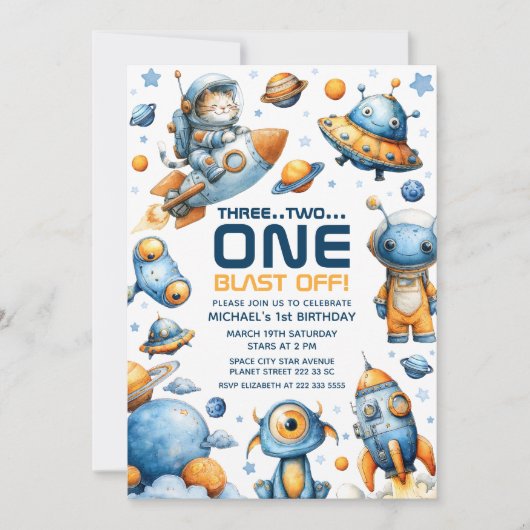 Cute Astronaut Cat Blast Off Space 1st Birthday Kaart (Voorkant)