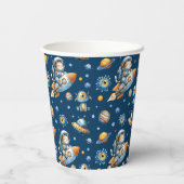 Cute Astronaut Cat Galaxy Pattern Space Navy Blue Papieren Bekers (Achterkant)