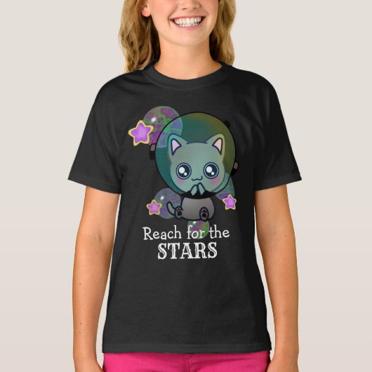 Cute Astronaut Cat in Space met Stars T-Shirt (Voorkant)