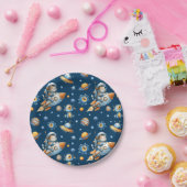 Cute Astronaut Cat Space Galaxy Pattern Navy Blue Papieren Bordje (Feest)