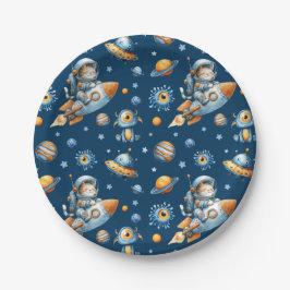 Cute Astronaut Cat Space Galaxy Pattern Navy Blue Papieren Bordje
