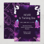 Cute Astronaut First Birthday Invitation Kaart (Voorkant / Achterkant)