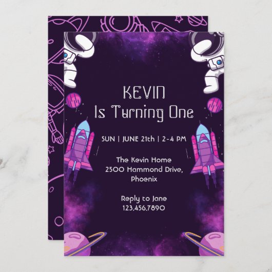 Cute Astronaut First Birthday Invitation Kaart (Voorkant / Achterkant)