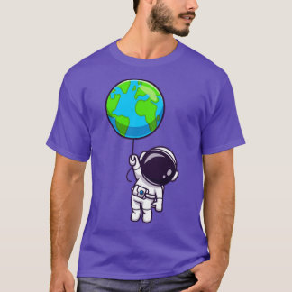 Cute Astronaut Floating with Earth Balloon Cartoon T-shirt