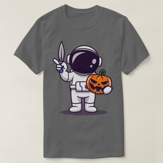Cute Astronaut Holding Knife en Pomkin Cartoon T-shirt (Design voorkant)