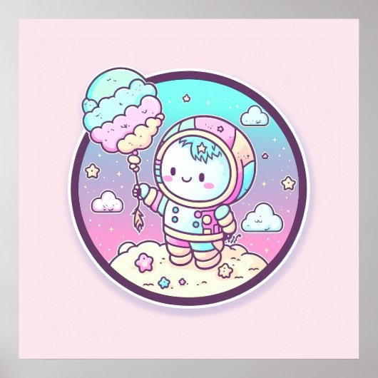Cute Astronaut met Ice Cream Baloon op de maan | Poster (Voorkant)