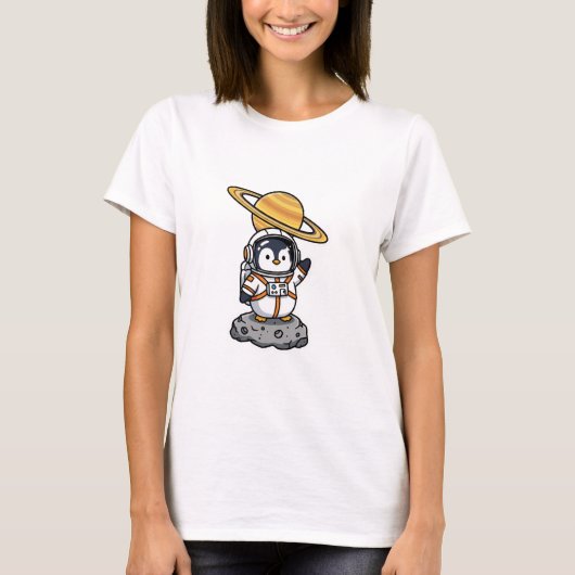 Cute Astronaut Penguin Waving on Asteroid T-shirt (Voorkant)