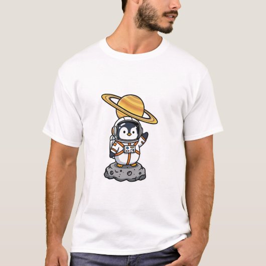 Cute Astronaut Penguin Waving on Asteroid T-shirt (Voorkant)