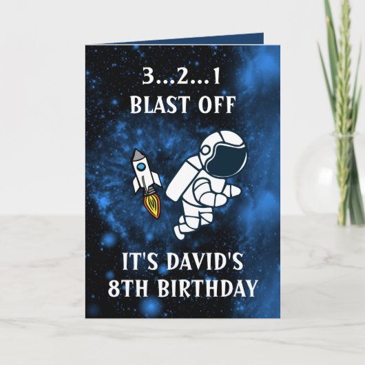 Cute Astronaut & Rocket Blue Galaxy 8th Birthday Kaart (Voorkant)