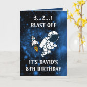 Cute Astronaut & Rocket Blue Galaxy 8th Birthday Kaart (Gele Bloem)
