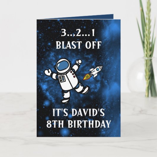 Cute Astronaut Rocket Blue Galaxy 8th Birthday Kaart (Voorkant)