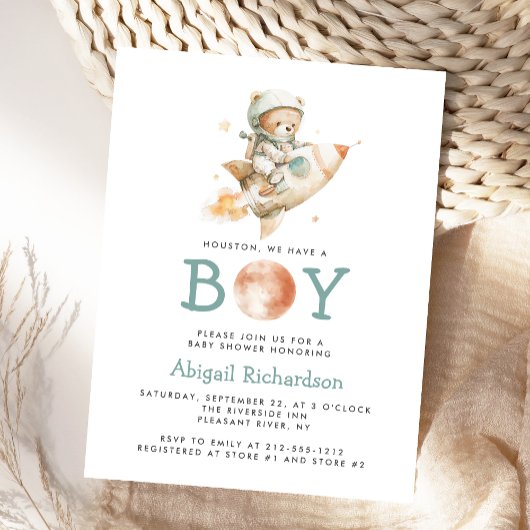 Cute Astronaut Teddy Bear Boy Baby Shower Invite Briefkaart