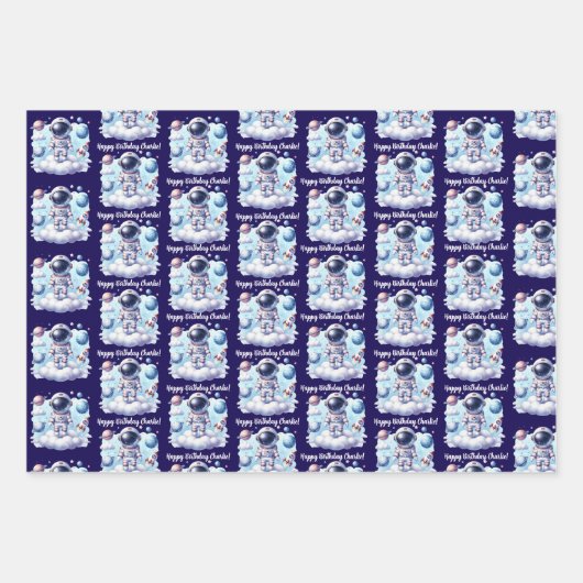 Cute astronaut Wrapping Paper Flat Sheet Set of 3 (Voorkant)