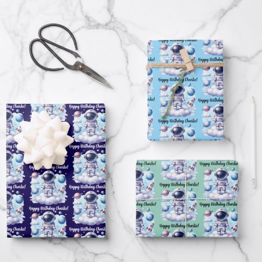 Cute astronaut Wrapping Paper Flat Sheet Set of 3 (Voorkant)