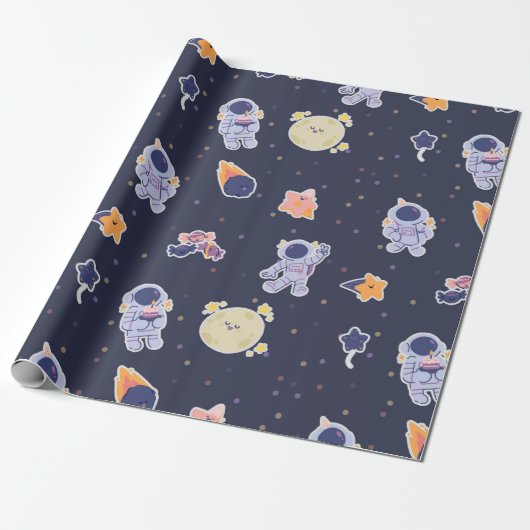 Cute Astronauts and Stars Space Cadeaupapier (Uitgerold)