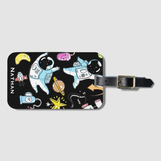 Cute Astronauts in Space Doodles Personalized Kind Bagagelabel (Voorkant (horizontaal))