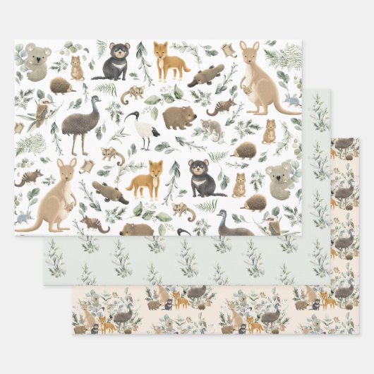 Cute Australian Animals Greenery Birthday Baby Boy Inpakpapier Vel (Set)