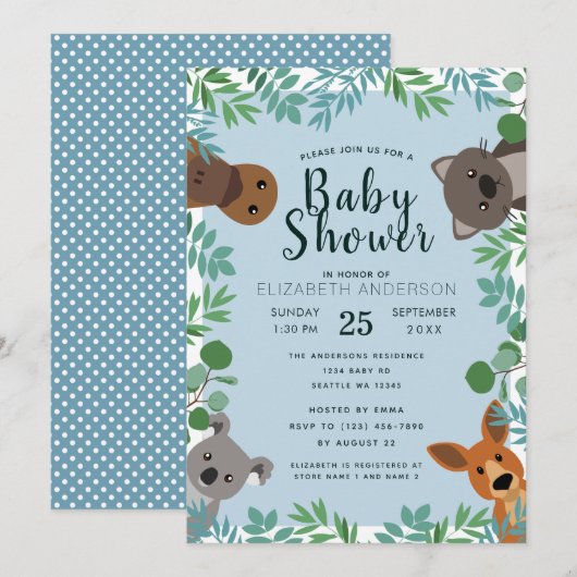 Cute Australian Critters Baby shower Invitation Kaart (Voorkant / Achterkant)