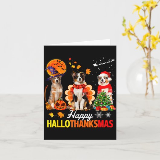 Cute Australian Shepherd Happy Hallothanksmas Xmas Kaart (Gele Bloem)