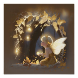 Cute Autumn Fairy with Glowing Flowers Perfect Poster