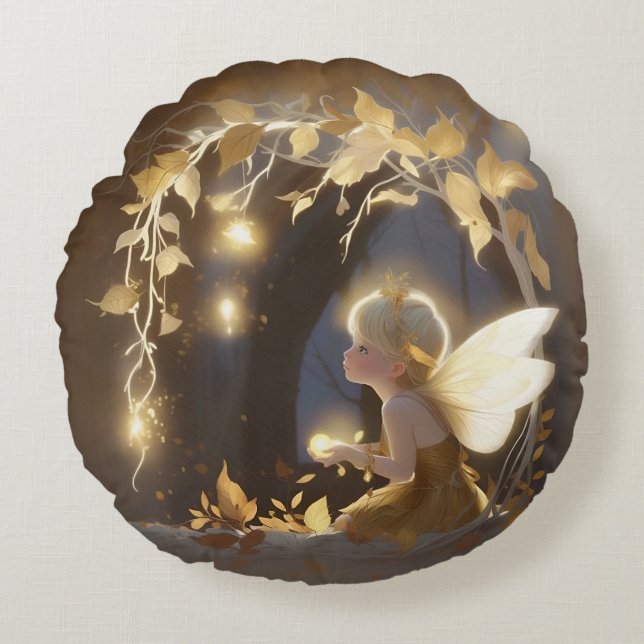Cute Autumn Fairy with Glowing Flowers Rond Kussen (Voorkant)
