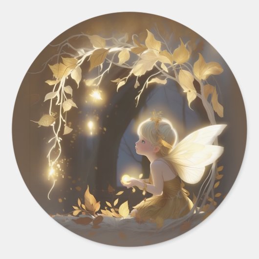 Cute Autumn Fairy with Glowing Flowers Ronde Sticker (Voorkant)