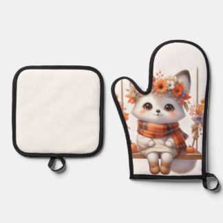 Cute Autumn Fox Kawaii Cottagecore Oven Mitt & Pot Ovenwant & Pannenlap Set