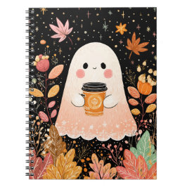 Cute Autumn Ghost with Pumpkin Coffee – Cozy Fall  Notitieboek