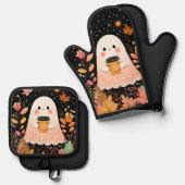 Cute Autumn Ghost with Pumpkin Coffee – Cozy Fall  Ovenwant & Pannenlap Set (Voorkant / Achterkant)