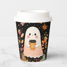 Cute Autumn Ghost with Pumpkin Coffee – Cozy Fall  Papieren Bekers