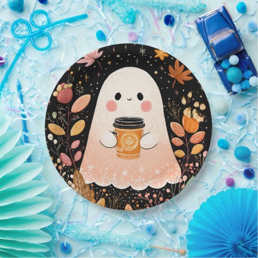 Cute Autumn Ghost with Pumpkin Coffee – Cozy Fall  Papieren Bordje (Feest)