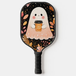 Cute Autumn Ghost with Pumpkin Coffee – Cozy Fall  Pickleball Paddle