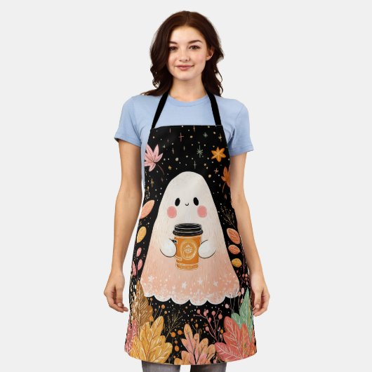 Cute Autumn Ghost with Pumpkin Coffee – Cozy Fall  Schort (Gedragen)