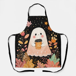 Cute Autumn Ghost with Pumpkin Coffee – Cozy Fall  Schort