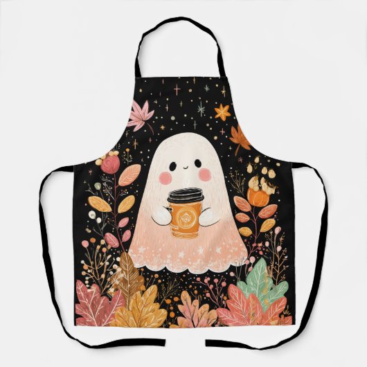 Cute Autumn Ghost with Pumpkin Coffee – Cozy Fall  Schort (Voorkant)